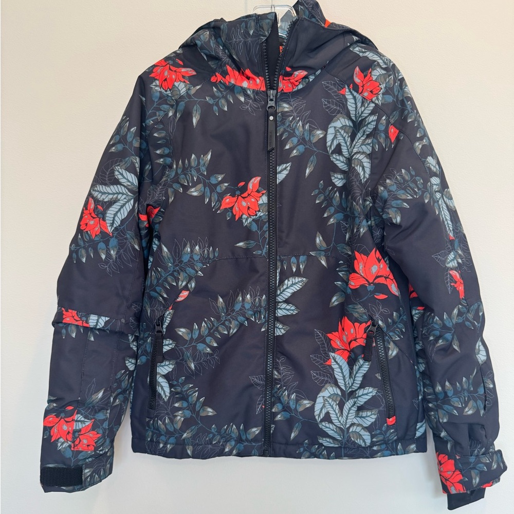 O'Neill Kids Puffer Jacket - Black and Red Floral, Size 8/10